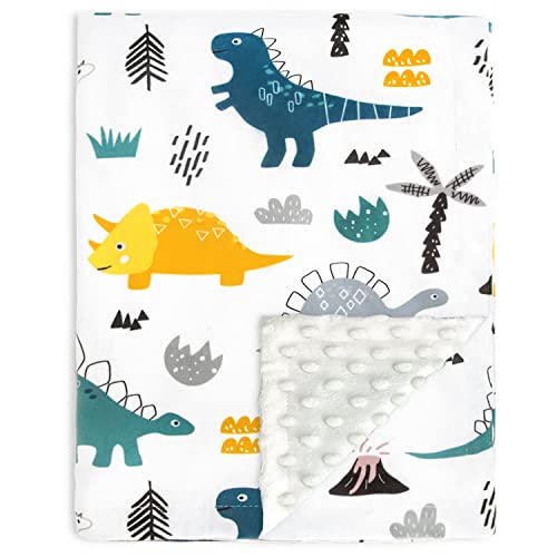 Image of HOMRITAR Baby Blanket for Boys Girls Soft Plush Minky Blanket with Double Layer Dotted Backing for Stroller Crib Newborns with Cute Dinosaurs Multicolor Printed 30 X 40 Inch