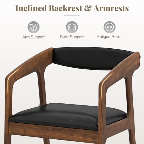 Image of COSTWAY Dining Chairs with Arms Set of 4, Mid Century Modern Wooden Accent Chairs with Faux Leather Seat & Padded Backrest, Kitchen Side Armchairs for Living Dining Reading Room, Brown & Black