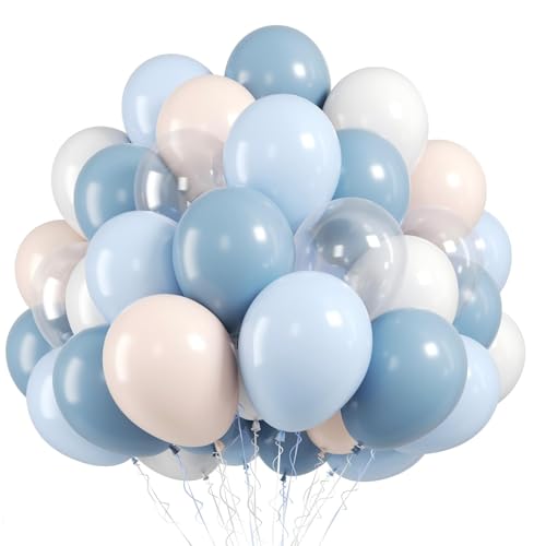 Image of Dusty Blue Balloons, 50 Pcs for Boy Baby Shower Birthday Bachelorette Party | 12 Inch Light Blue White Ivory Clear Latex Balloons for Bridal Shower Wedding Summer Something Blue Lake Party Decorations
