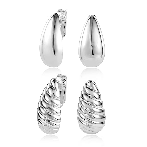Teardrop Clip On Earrings Dupes Earring for Women Chunky Hoop Earrings Hypoallergenic Lightweight Dangle Water Drop Earring Set for Women