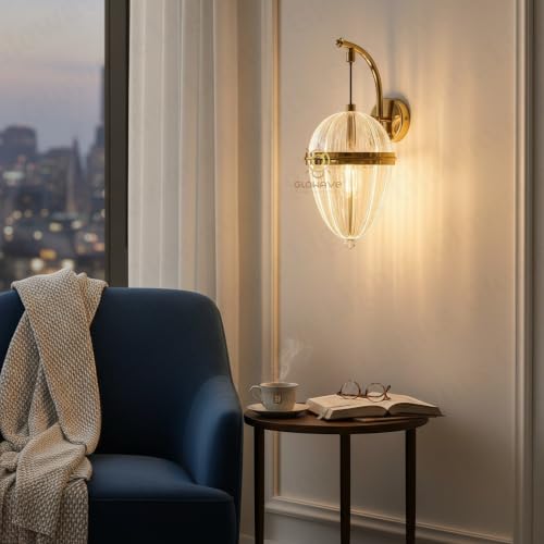 Image of Glowave Modern Gold Ribbed Oval Acrylic Shade Wall Light with Crystal Accent for Bedroom, Living Room, Bedside, Hallway & Hotel - Tricolour (White, Warm White, Natural White) (T212 /1W)
