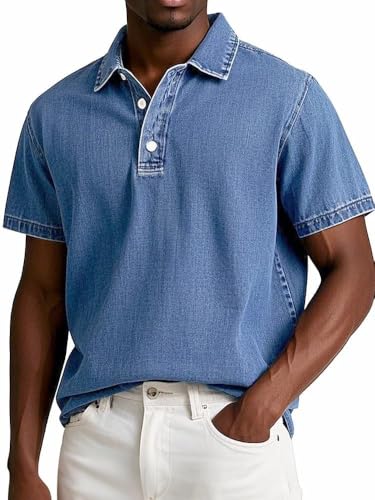 Men's Vintage Denim Polo Shirt, Short Sleeve Collared Casual T-Shirt, Solid Color Button-Up Retro Style Top