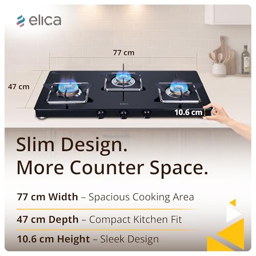 Image of Elica Slimmest 3 Burner Gas Stove with Toughened Glass Top | Ultra Slim Frame | Forged Brass Burners | 7 Year Warranty on Glass & 5 Year Warranty on Burners | 773 CT VETRO (Slim Line SPF) | Black