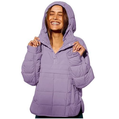 Women's Quilted Pullover Puffer Jacket Oversized Long Sleeve Hooded Coats Winter Warm Lightweight Outwear with Pocket2