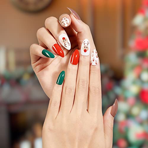 Christmas Press on Nails Medium, Almond Fake Nails Press on False Nails with Design 24 Pcs 12 Sizes with Nail Glue, Christmas Reusable Acrylic Full Cover Glue on Nails for Women and Girls