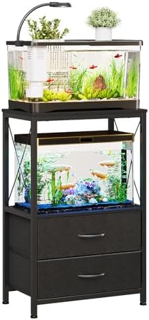Soporte para acuario, estante de 38 L con 2 cajones, estante para acuarios de 40 L para peces, tortugas y reptiles, mesa para acuario de 2 niveles, color marrón rústico (negro)