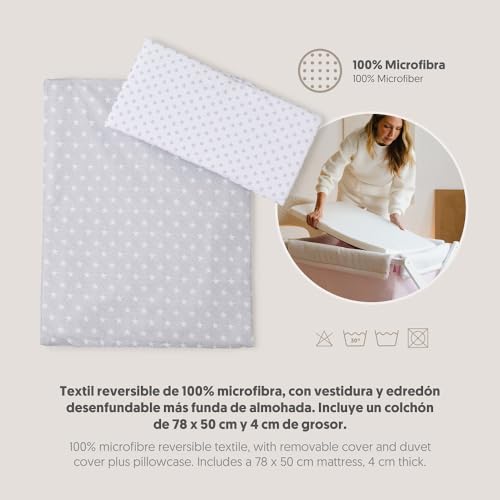 Miniatura 4 de Mibebestore Minicuna Para Bebe Plegable De Madera Con Ruedas Vestidura Colchon Colcha Y Edredon Desenfundable 100 Algodon Para Recien Nacidos Hasta 9 Meses Portatil Diseño Blanco Gris Estrellitas