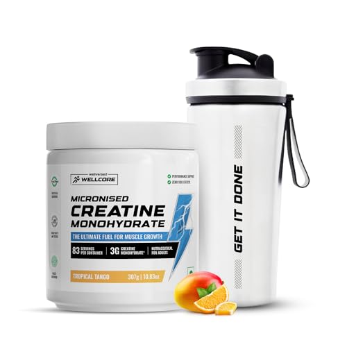 Image of Wellcore Pure Micronised Creatine Powder With Shaker (83 Servings, Tropical Tango) For Enhanced Muscle Strength With Rapid Absorption | Creatine Monohydrate | Wellcore Creatine Flavoured - 307g