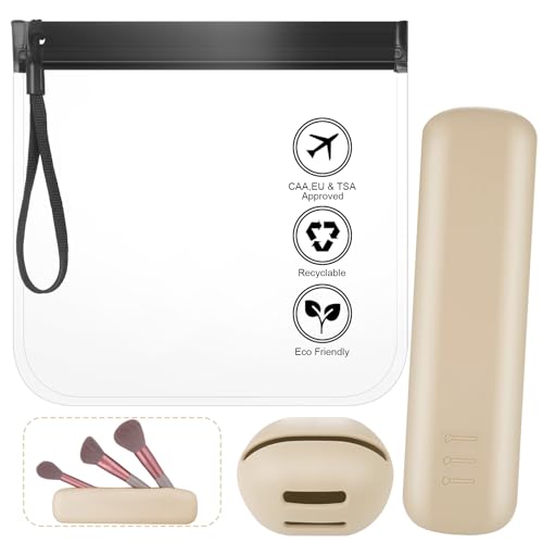 Huiguli Soporte de Brochas de Maquillaje de Viaje + Soportes para Esponja De Maquillaje De Silicona + Transparente Neceser Viaje Avion, Portátil Oportes para Herramientas de Maquillaje Mujer, Caqui