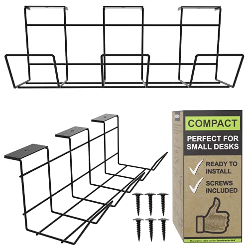 Scandinavian Hub Compact Under Desk Cable Management Trays - (Black Set of 2X 12in) Under Desk Organizers for Wire Management. Desk Cable Trays with Screws for Office and Home