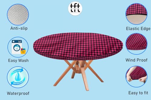 Image of The Furnishing Tree Round Elastic Fitted Dining Table Cover WxL 54x54 Inches Checkered Pattern Maroon