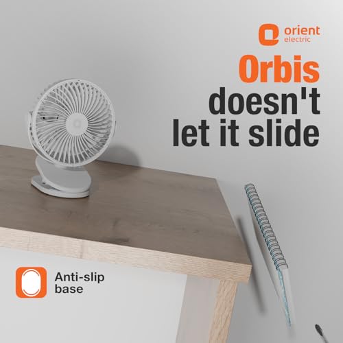 Image of Orient Electric Orbis Rechargeable Personal Fan | 360 Rotation | 1800 mAh Battery | 4 Speed Modes with Timer | Quiet Operation | USB Type-C Charging | Clip-On Mini Fan | Cloud White