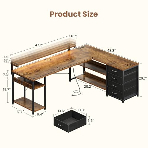 Image of AODK 61 Inch L Shaped Computer Desk with 4 Drawers, LED Lights, Vintage
