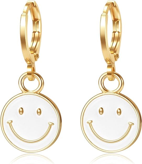 El Regalo Smiley Face Small Huggie Hoop Trendy Emoji Earrings- Preppy Cute Happy Face Dangle Drop Cartilage Colorful Hypoallergenic Earrings Gifts for Teen Girls Women (White) (B0D7LY548Y) Amazon Price History, Amazon Price Tracker