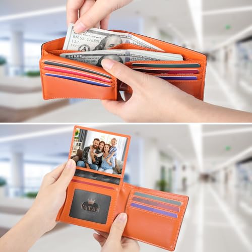 VATAN Wallet for Men, Mens Minimalist Wallet Credit Card Holder, Slim Leather Rfid 2 ID Window Large Capacity With Gift Box (Carbon Black and Orange)3