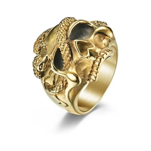 JESMING Serpentine Skull Ring Stainless Steel Punk Ring Biker Cocktail Party Ring Gold Silver Rings for Men (Gold, 12) Cover