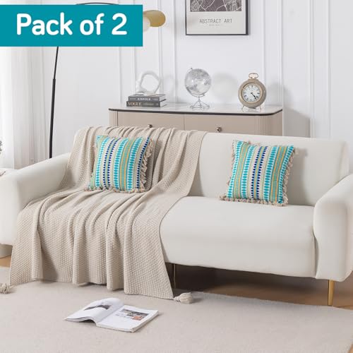 Image of HOKIPO 'Artisan Boho Series' 450 GSM Cushion Cover with Tassels | Cotton Acrylic Jacquard | 16x16 Inch (40x40 cm) | Pack of 2, Aqua Blue (IN-905-A4*2)