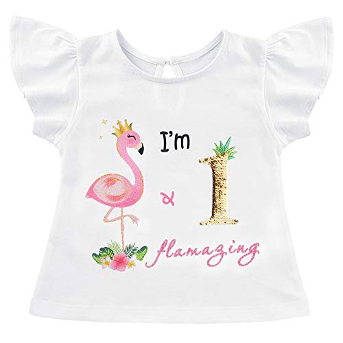 AMZTM Camiseta Cumpleaños Bebé Niña, Flamenco 1er Cumpleaño Fiesta Manga Corta Flameante 100% Algodón Top Volantes y Lentejuelas Blancas Ropa de Verano (Blancas, 80)