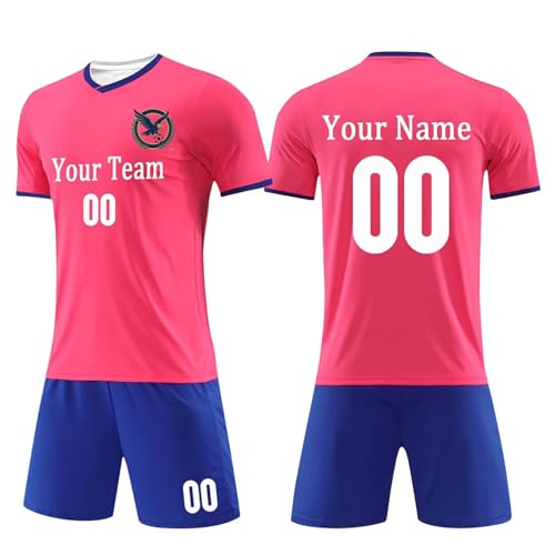 Image of Personalised Football Kits for Boys Football Shirt with Custom Number Logo Name Customisable Jersey & Shorts Set Teenagers Training Shirts Sports Kits Customised Kids Football Kit Hot Pink 120