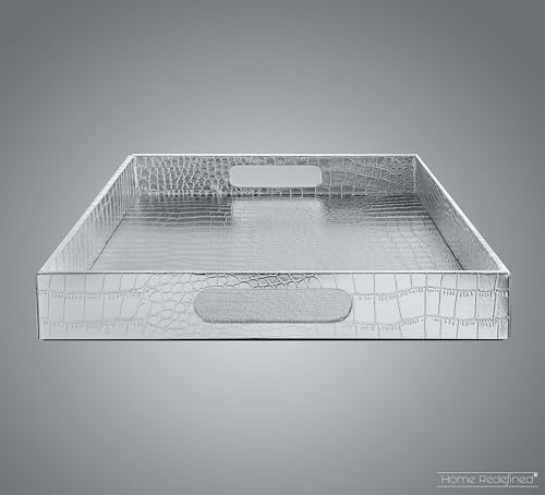 Home Redefined 18"x12" Silver Glossy Crocodile Faux Leather Serving Tray Beautiful Modern Elegant Decorative Tray with Handles Ottoman Coffee Table Ottoman Perfume Makeup Display for All Occasion's - Thumbnail 4
