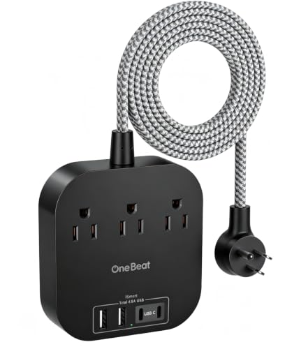 One Beat Power Strip with USB C, 3 Outlets 4 USB Ports, 6ft Short Braided Extension Cord, 22.5W Desktop Charging Station, Flat Plug, Non Surge Protector, Cruise Ship Travel Compact, ETL Listed, Black