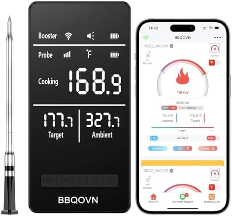Smart WiFi Wireless Meat Thermometer, Sub-1G Long Range 1000FT, 7 NIST Certified Sensors in 1 Thin Probe ±0.5℉ Accuracy, Standalone Base with Large LED Screen for BBQ Grill Smoker Oven-Black