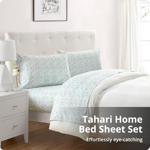 Image of Tahari Home - King Sheets, 4-Piece Cotton Flannel Bedding with Matching Pillowcases, Brushed for Extra Softness, Cozy Home Decor (Flora Sage, King)
