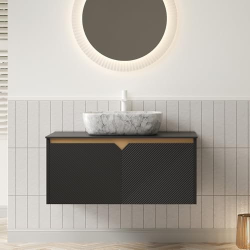 36" Floating Bathroom Vanity with Vessel Sink, RUBEN Wall Mounted Plywood Cabinet, Sintered Stone Countertop, Twill Double Doors with Metal Trim, Modern Storage Unit,Rectangle Gray Stone Ceramic Basin by GDFStudio - Used condition - US$433.03