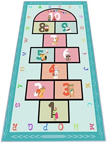 KAREZONINE Hopscotch Rug 63”x31, Hop and Count Game Rug with Colorful Alphabet and Animals Design Anti-Slip Kids Play Mat, Soft Floor Area Rug & Carpet Playroom Bedroom Living Room