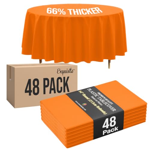 Image of Exquisite Orange Round Tablecloth 84 inch - 48 Pack | Plastic Tablecloth, Disposable Table Covers Round for Parties, Weddings, Holidays & Party Supplies