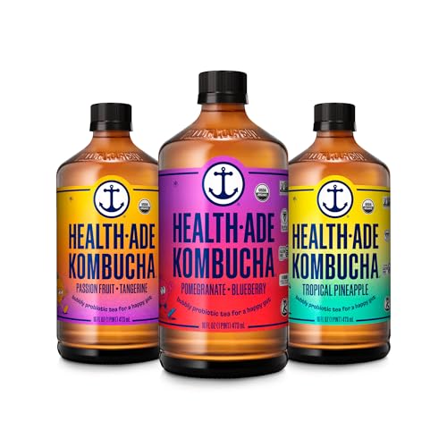 Health-Ade Kombucha Tea Organic Drink, Fermented Tea with Living Probiotics, Detoxifying Acids, Supports Gut Health, Non-GMO, Vegan, Gluten Free, 12 Pack (16 Fl Oz Bottles), Helo, Paradise Variety Pack