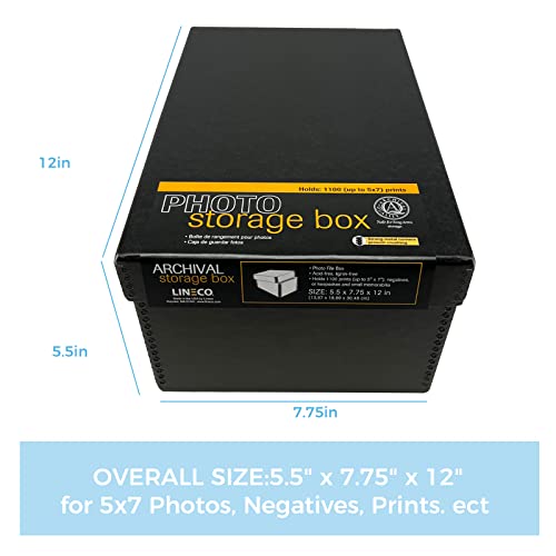 Lineco Archival Photo Storage Box, Holds Up To 1100 Of 5X7 Pictures, 4X6 Photo Container With Removable Lid. Protect Snapshot, Negatives, Prints, Films, Card, 5"X7"X12", Black #TOP1