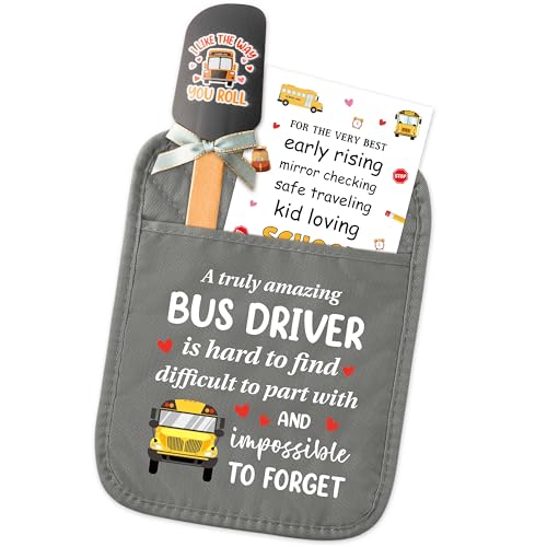 R HORSE 3 Pcs School Bus Driver Appreciation Gifts Funny Pot Holder with Pocket Silicone Spatula Thank You Card Heat Resistant Potholder Oven Mitts Teacher’s Day Retirement Gift for Women Men Driver