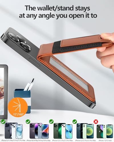 Miroddi MagSafe Wallet Stand, Leather Magnetic Phone Wallet for iPhone 16/15/14/13/12 Series, Strongest Magnetic Card Holder with Adjustable Stand, ID Window, Fits 10 Cards, RFID Blocking, Brown — view 2