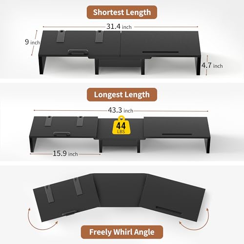 AFOOYO 43.3 Inch Dual Monitor Stand with Laptop Tray & Drawer, Ergonomic Height Angles Laptop Stand, MDF Desk Shelf for MacBook Dell HP Lenovo 10-17.3" Laptops, Black - image 6