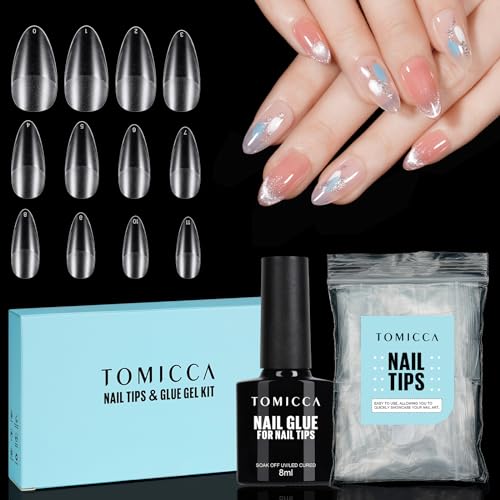 TOMICCA Almond Moyen Capsules Ongles avec Colle Kit, Full Cover Soft Gel Tips & 8ML 4 en 1 Colle Faux Ongles, Transparent Capsule Americaine Ongle pour Diy...