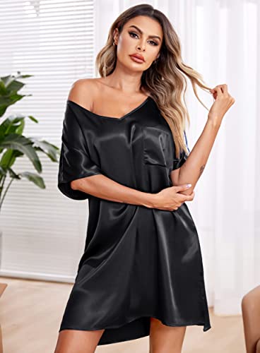 eshion Women Satin Nightgowns Short Sleeve Silk Sleepwear V Neck Boyfriend Casual Dresses with Chest Pocket S-XXL4