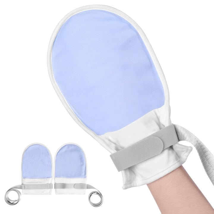 ENLUNTRA 2PCs Medical Restraint Gloves with Touch Fasteners and Long Strap, Soft and Skin-Friendly, Anti-Scratch Safety Hand Mittens for Elderly, Dementia Patients(Blue).