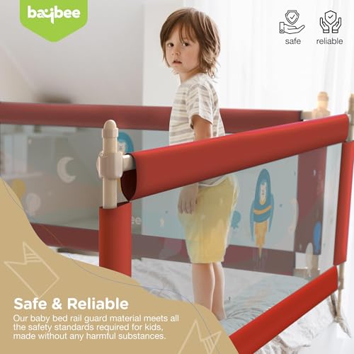 Image of BAYBEE Baby Bed Rails Guard Kids Safety (150x63 cm) | Portable Bed Rail Falling Protector Fence with 7 Adjustable Heights | Foldable BedRail for Newborn Boys Girls (Pack-2, Red)