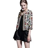 Buenos Ninos Women's 3/4 Sleeve Ethnic Embroidery Cardigan Retro Printed Flyaway Jacket Coat Beige XXL