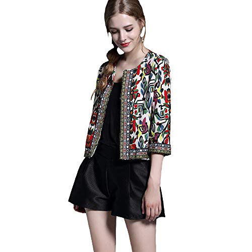 BUENOS NINOS Women's 3/5 Sleeve Ethnic Embroidery Cardigan Retro Printed Flyaway Jacket Coat Beige XXL