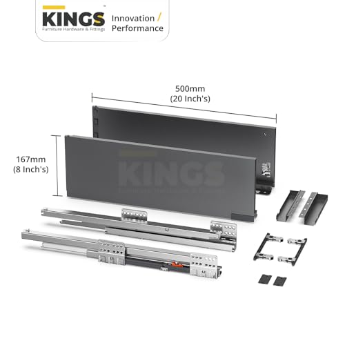 Image of Kings Soft Close Tandem Box Drawer System for Modular Kitchen | Load Capacity Upto 45 Kg | Galvanised Steel, Full Extension Slides- 500mm Length x 167mm Height (8 Inch), Iron Grey- 5 Year Warranty