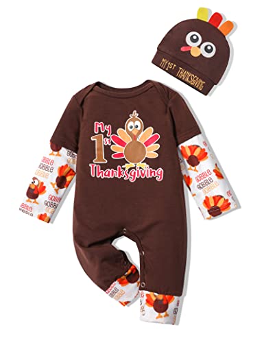 Image of AGAPENG My First Thanksgiving Baby Boy Outfit Turkey One Piece Romper Long Sleeve Onesie Fall Winter Outfit with Cute Hat