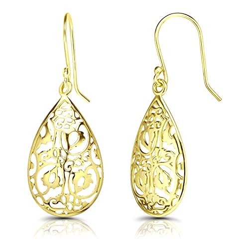 Hoops & Loops 925 Sterling Silver Teardrop Filigree Dangle Hook Earrings for Women, Silver, Yellow and Rose Gold Flashed Sterling Silver