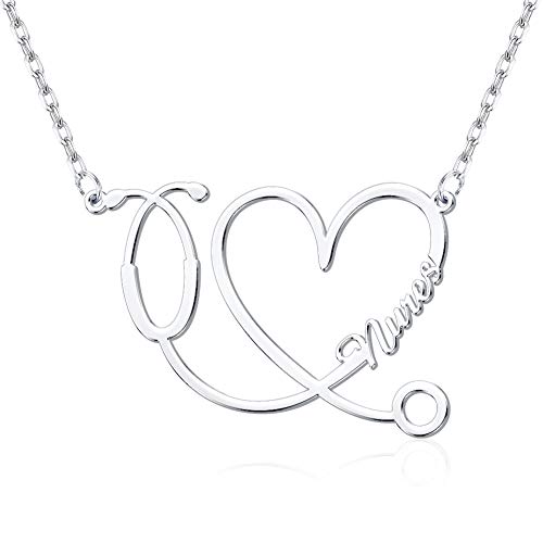 Yoke Style Personalized Stethoscope Necklace with Name, Custom Lovely Heart Necklace Dainty Jewelry Gifts Nurse Doctor Medical Student Graduate Gift