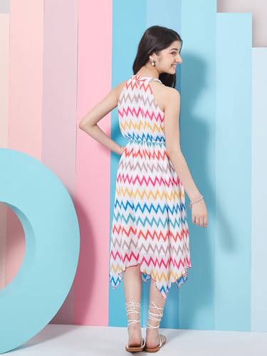 Image of Pspeaches Stylish Girl's Geometric Printed Fit Flare Midi Dress White Color Trendy Outfit Fashionable Kids' Dress
