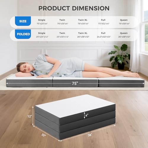 Image of MASVIS Trifold Mattress, 4 Inch Memory Foam Foldable Mattress with Washable Cover, Tri-Folding Floor Bed for Camping, Twin