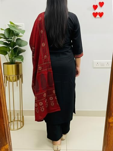 Image of ANNI Designer Navy Blue Pure Cotton A-Line Kurta Pant Dupatta Set for Women | Embroidery 3 Piece Suit with Straight Pants & Matching Dupatta | Festive Office Ethnic Wear