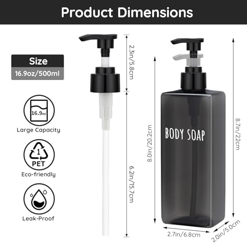 Image of Segbeauty 16.9oz Black Shampoo and Conditioner Dispenser, 3pcs Refillable Plastic Empty Body Lotion Soap Dispenser Liquid Hand Gel Container for Bathroom, 500ml Pre-Printed Large Pump Bottles Kitchen