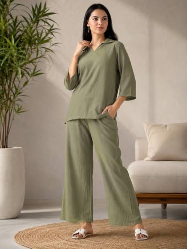 Image of Women's Co Ord Set for Women - Relaxed Fit Collared Top with 3 /4 Sleeves & Wide Leg Palazzo Pants, Casual Lounge Wear Matching Outfit for Daily Wear, Travel & Office